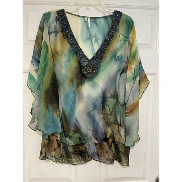 Studio Y Womens L Butterfly Feather Print Beaded V Neck Sheer Top Fairy Flowy - Picture 1 of 8